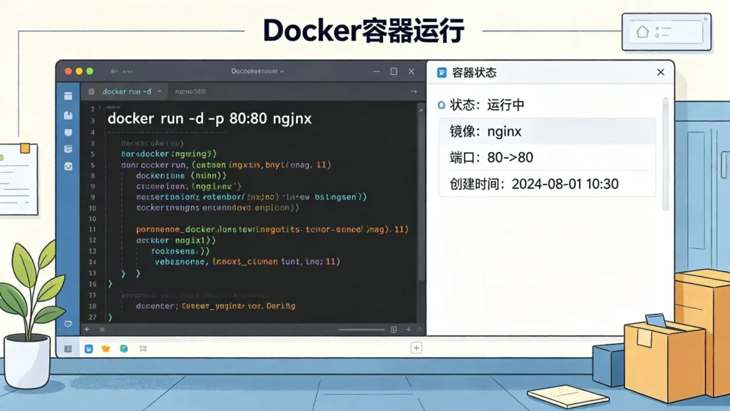 Docker 核心概念示意图:镜像、容器、仓库关系图解,搭配命令行与项目部署流程展示